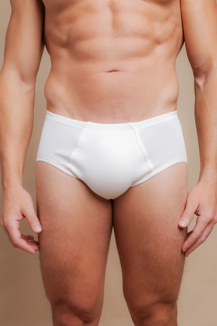 Men's white organic cotton briefs for sensitive skin, latex-free and tagless design