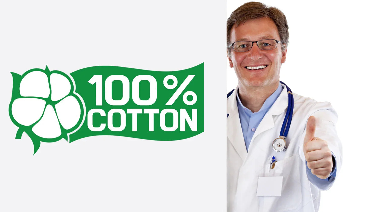 Doctor gives thumbs up beside 100% cotton logo, promoting hypoallergenic apparel