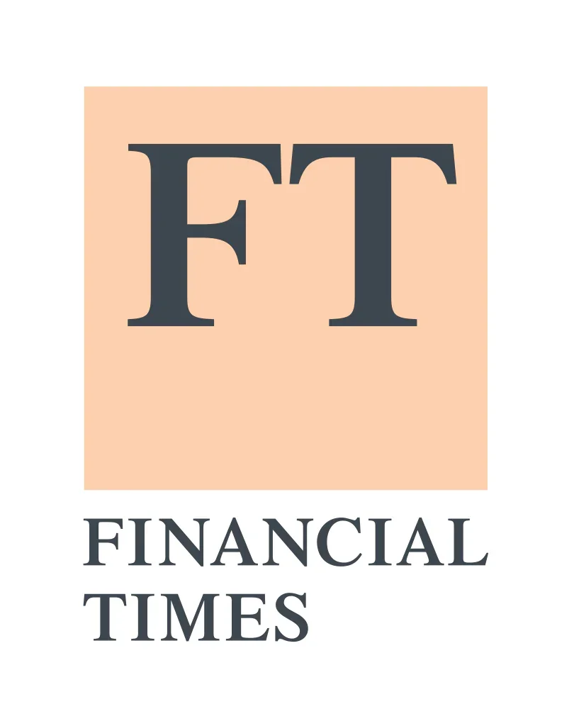 Financial Times logo with bold FT initials on a peach background