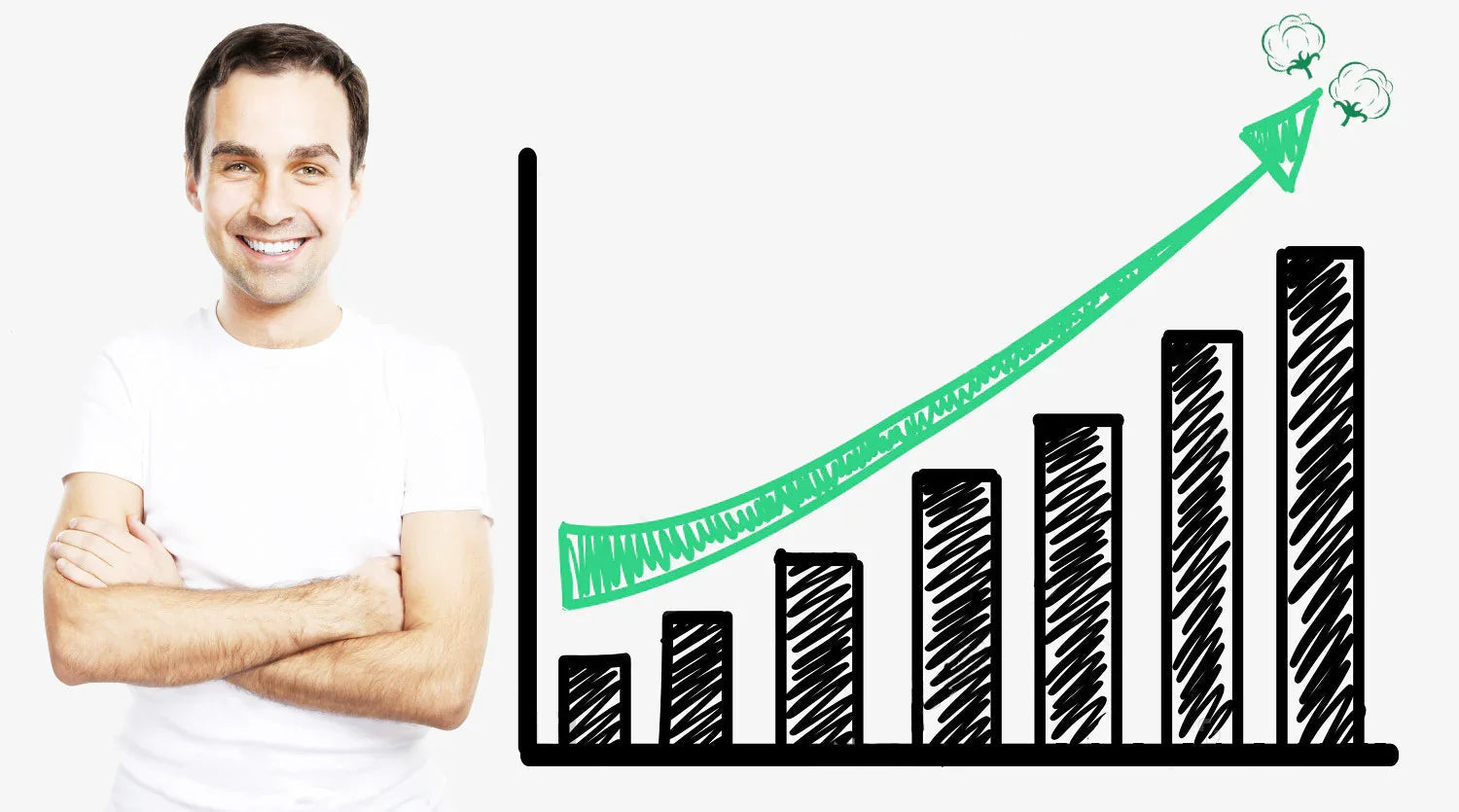 Smiling man in a white shirt beside upward trend graph with cotton icons, symbolizing growth in organic cotton clothing popularity.