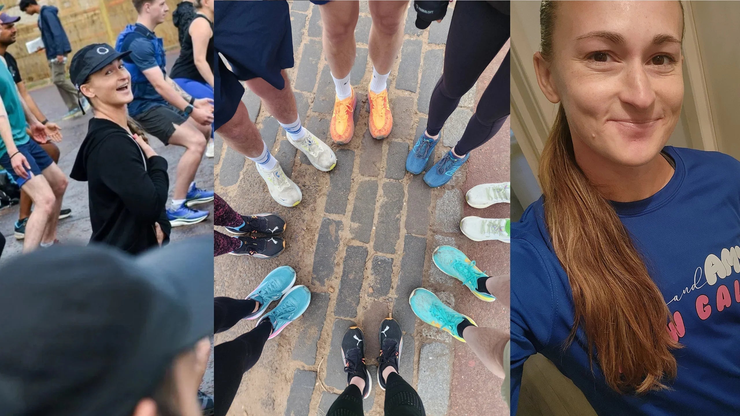 Group of runners stretching, close-up of colorful running shoes on pavement, woman in blue athletic shirt smiling