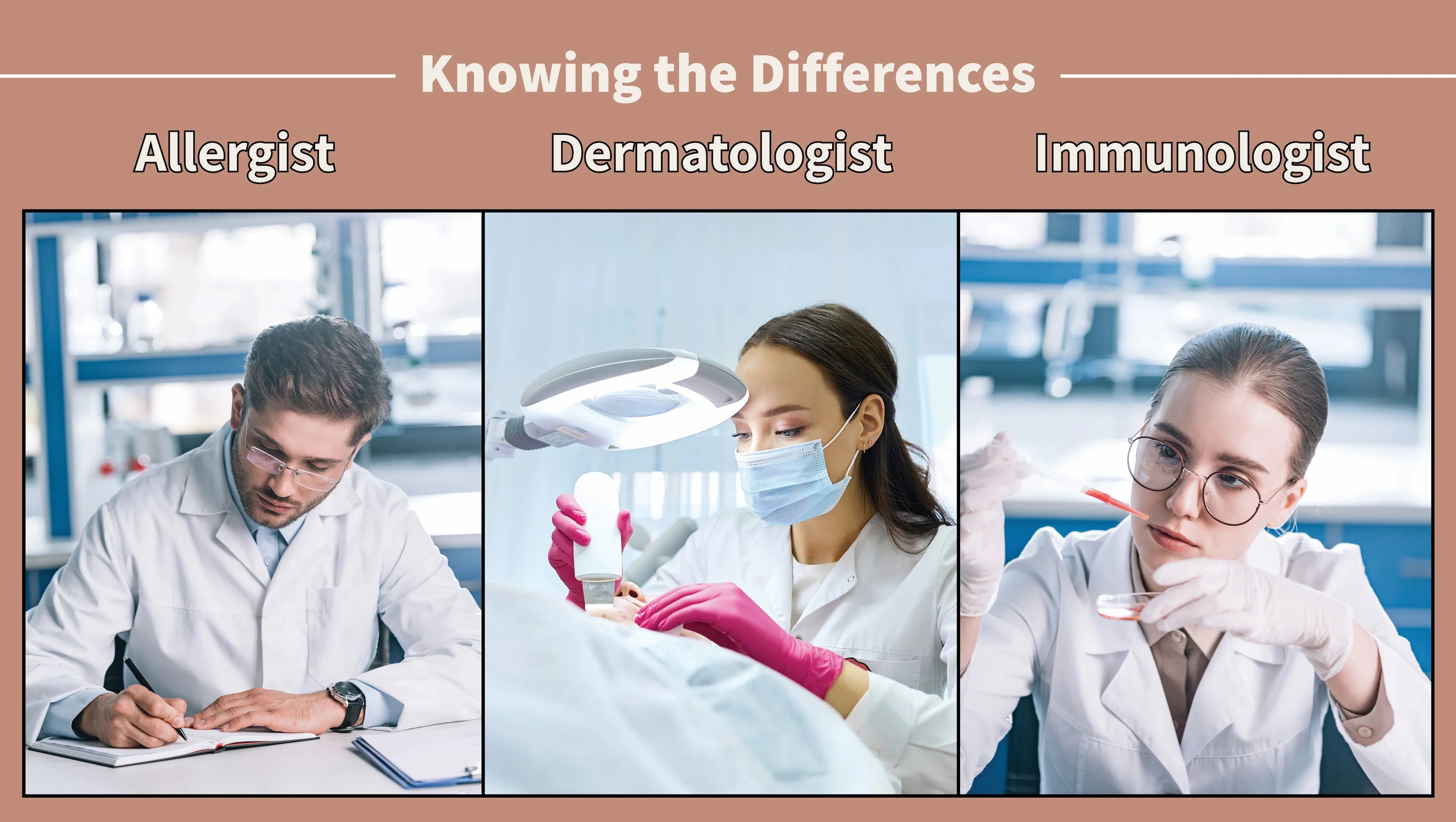 Allergist, dermatologist, immunologist professionals shown in medical settings comparison chart