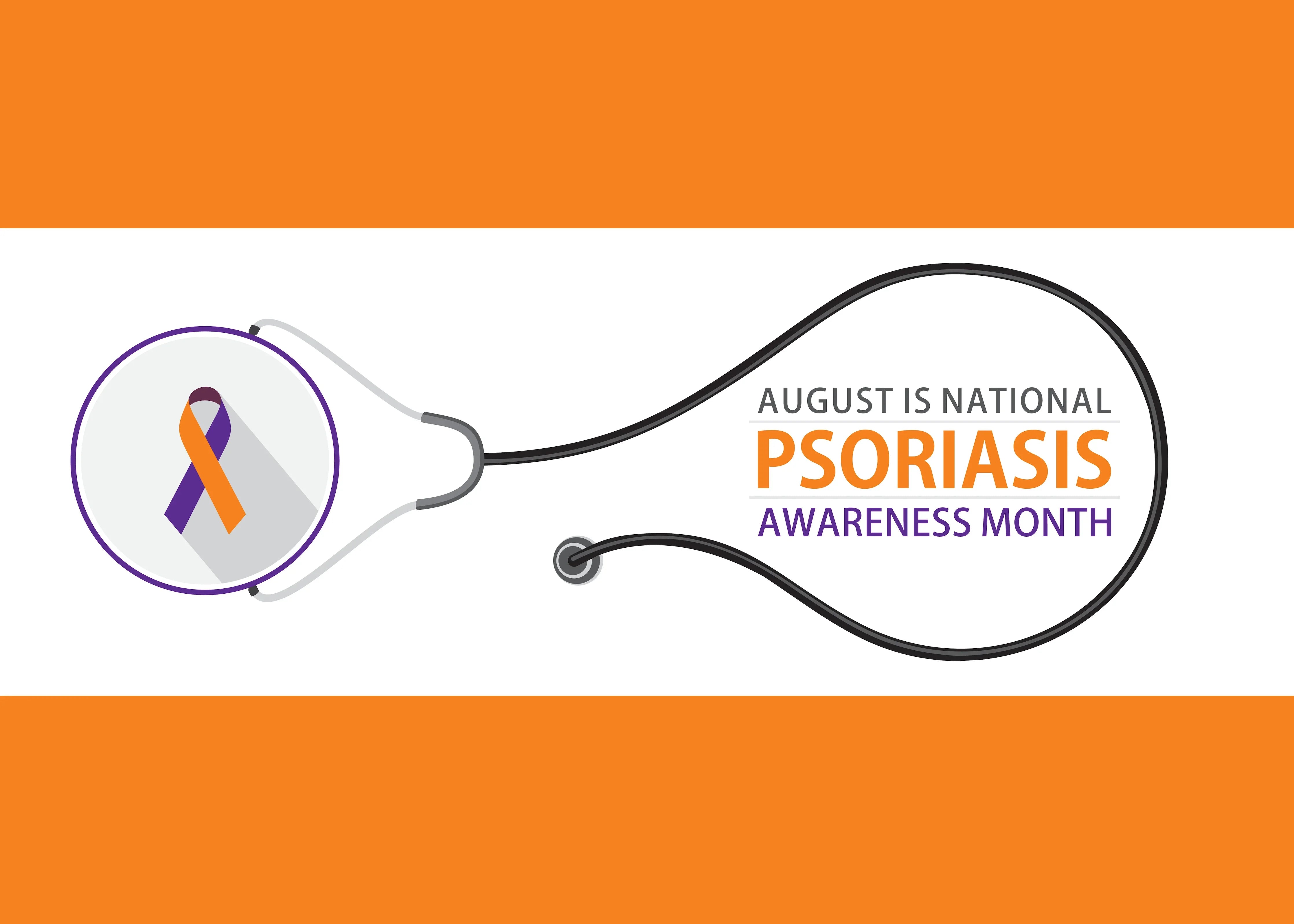 Stethoscope and orange-purple ribbon graphic promoting August as National Psoriasis Awareness Month