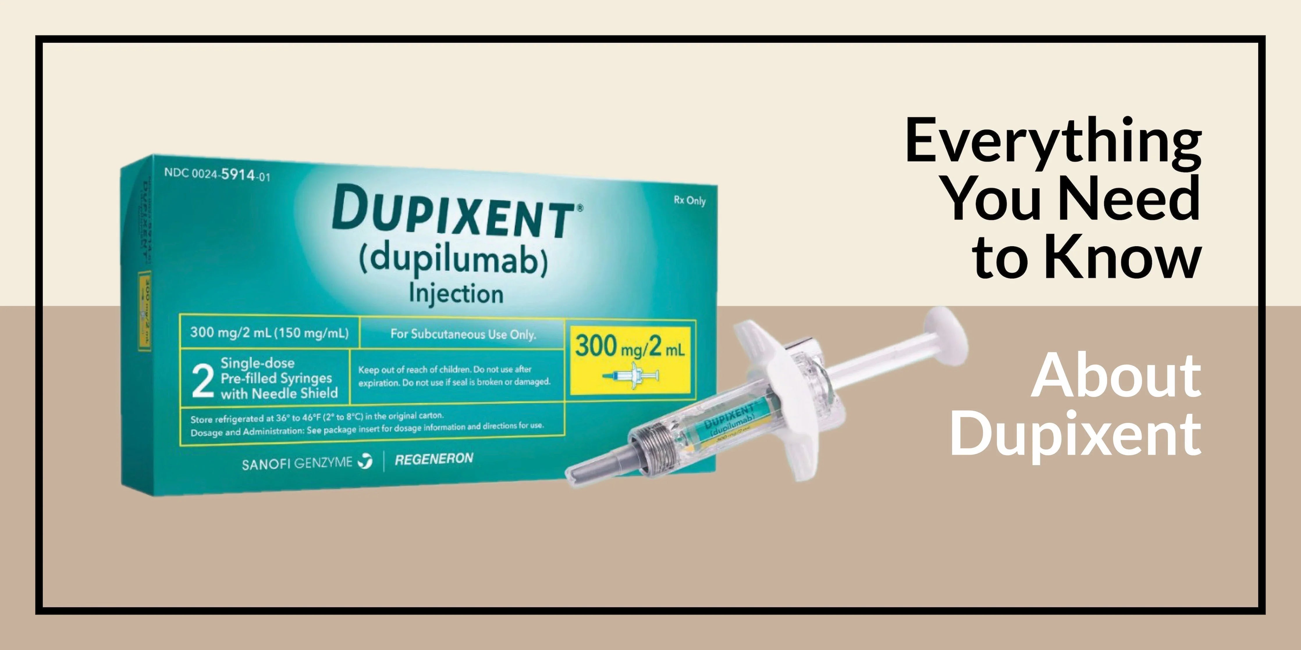 Dupixent dupilumab injection box and syringe with text about Dupixent information.