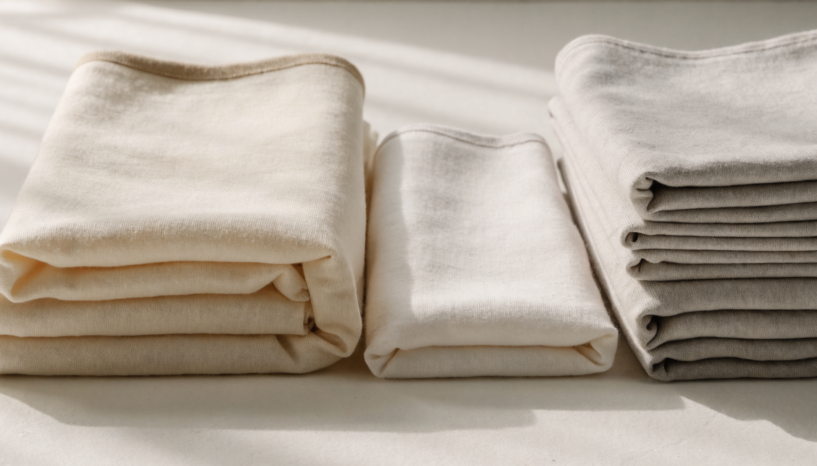 Three folded stacks of undyed cotton jersey at different heights, showing three different hem lengths side by side