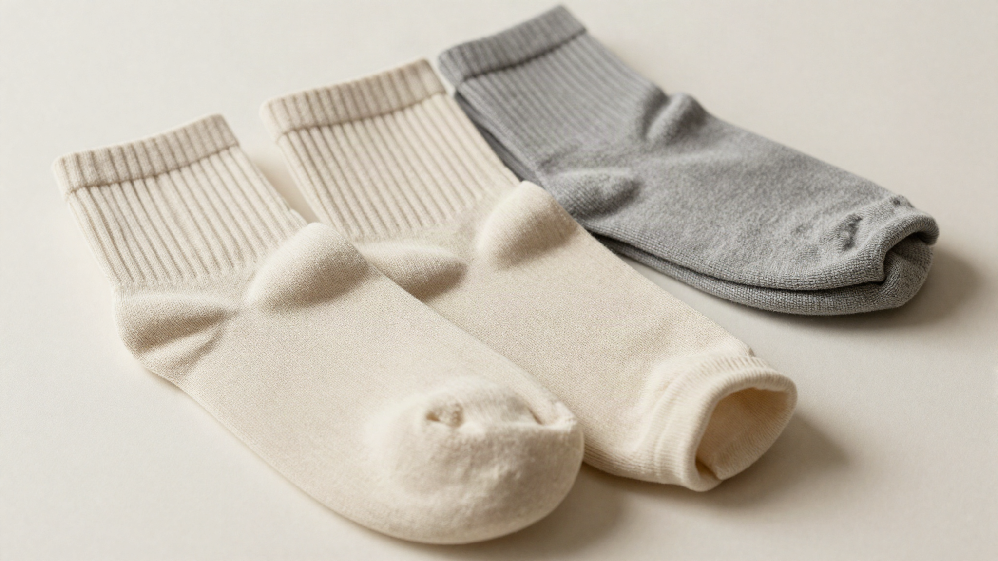 Two pairs of folded undyed natural cotton crew socks showing ribbed knit and cuff detail