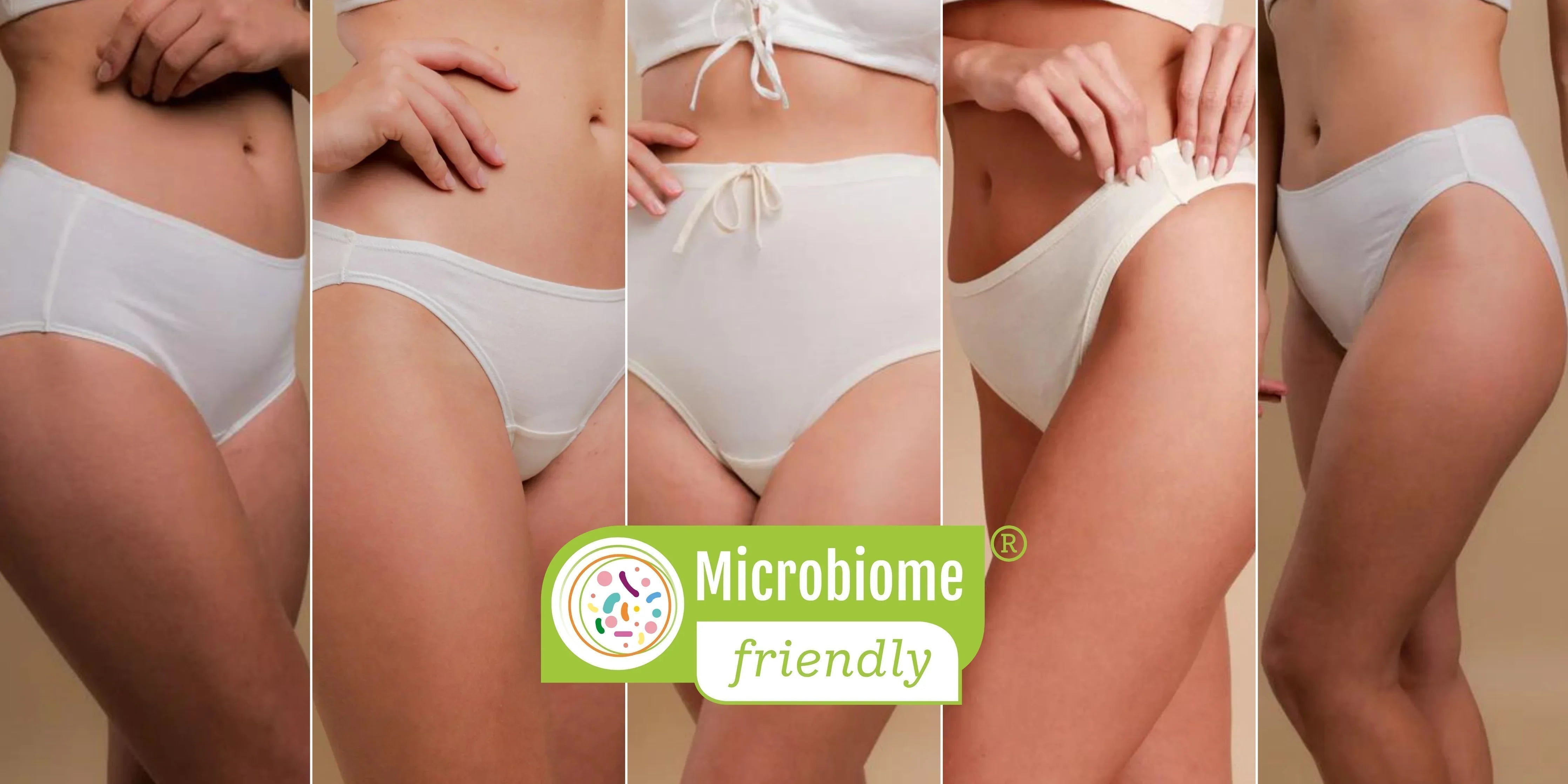 Women wearing white organic cotton underwear with microbiome friendly certification badge.