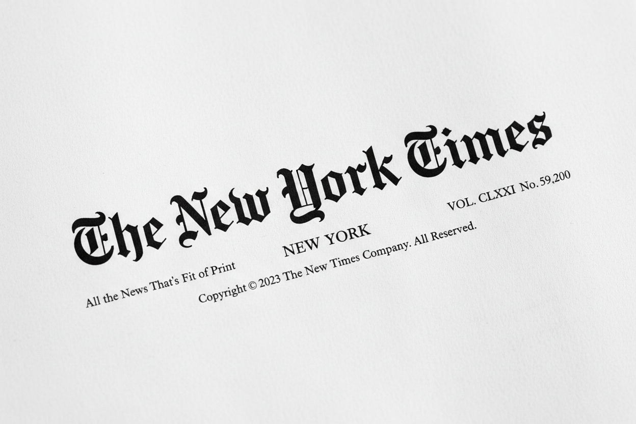 The New York Times blackletter logo on white paper, representing trusted media coverage.