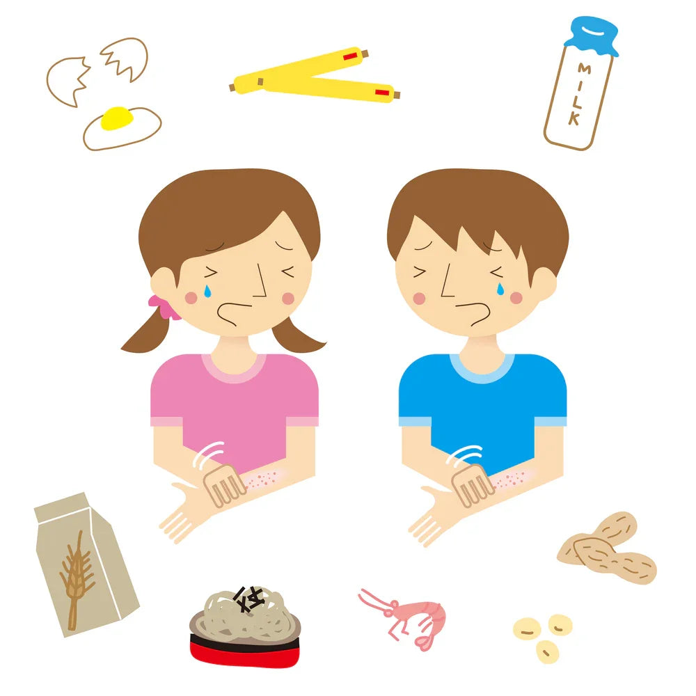 Illustration of children with eczema symptoms from common food allergens like milk, eggs and nuts.