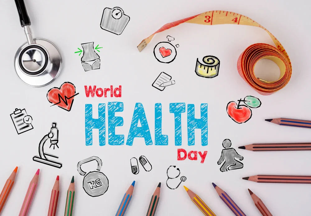 World Health Day concept with stethoscope, tape measure, colored pencils, health icons