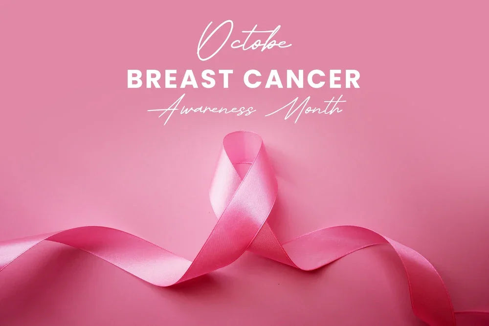 Pink ribbon on pink background promoting October Breast Cancer Awareness Month