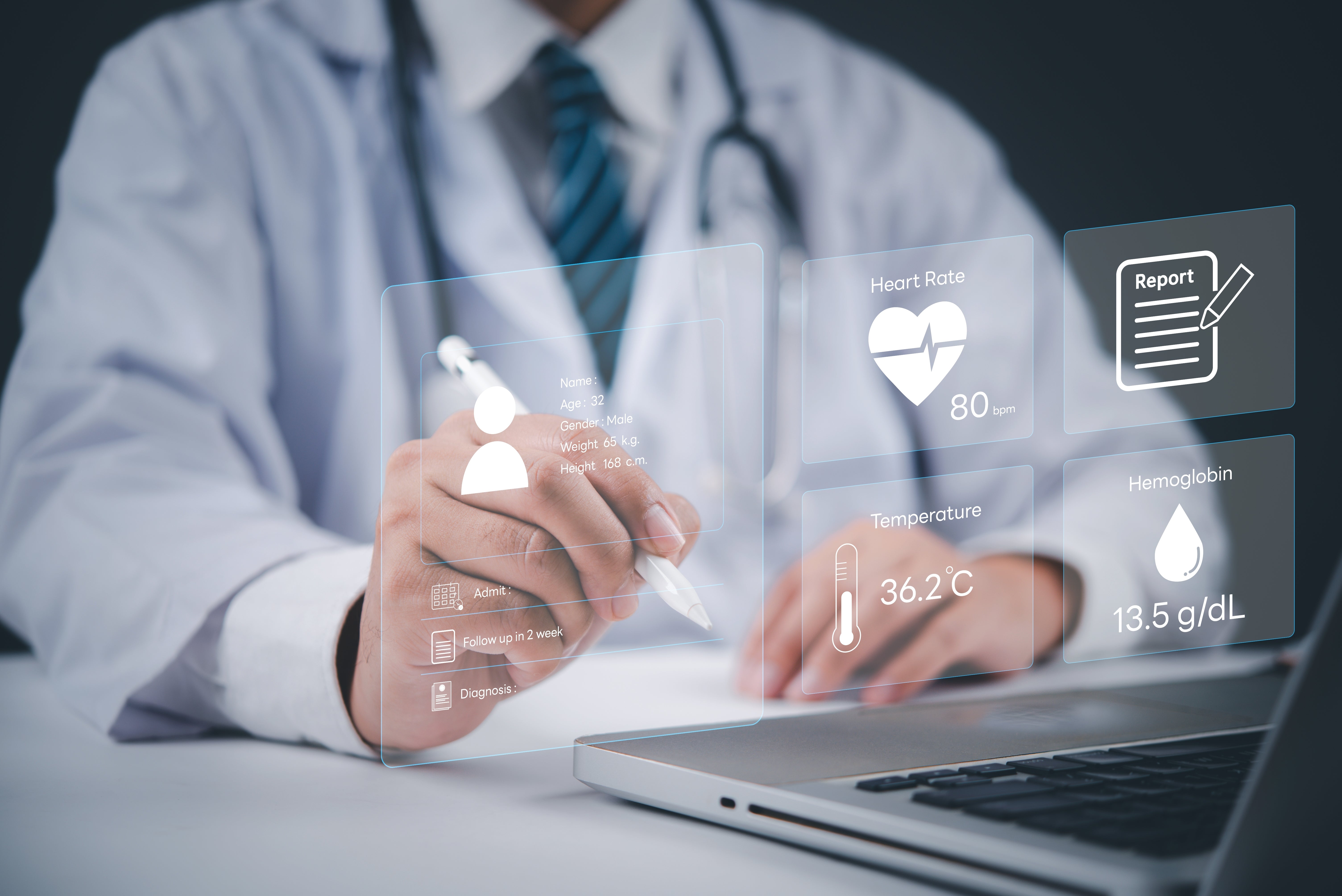Doctor using a digital tablet to review patient health data, heart rate, and medical report icons.