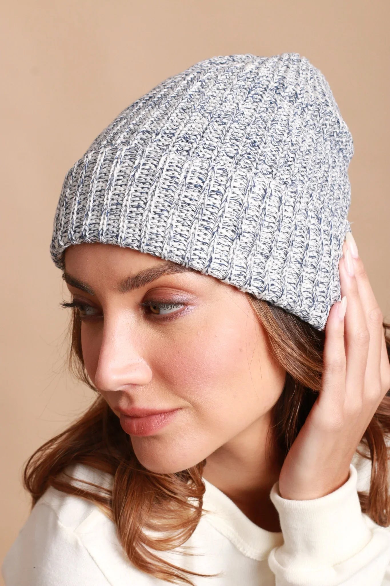 100% Organic Cotton Knitted Beanie (Melange Blue)