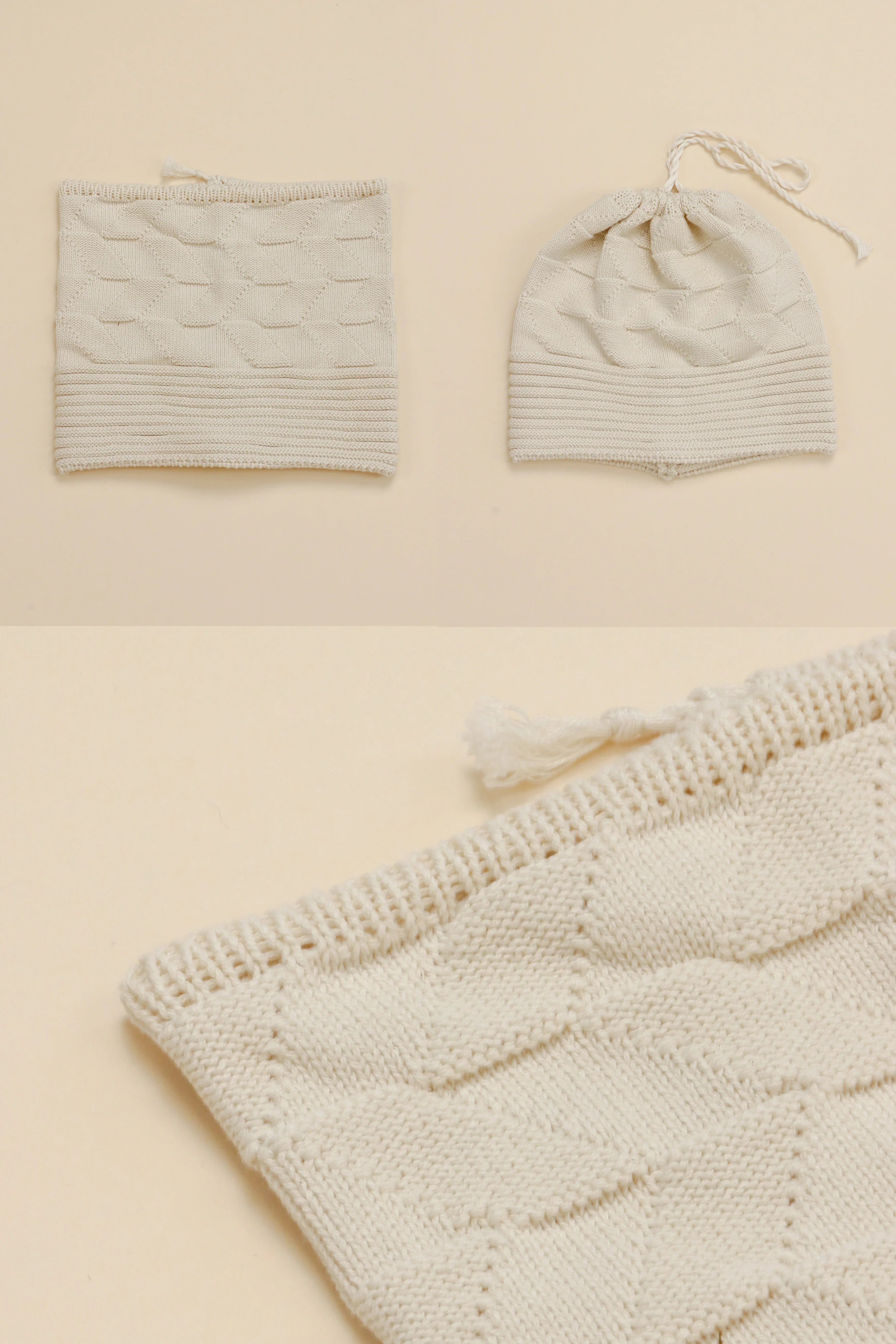 Beige organic cotton knit hat and neck warmer set with textured geometric pattern for sensitive skin