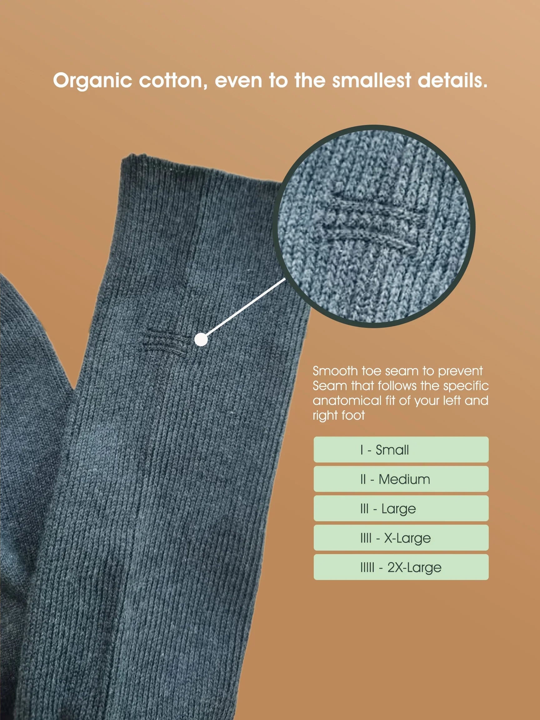 Organic cotton allergy-free socks with smooth toe seam, shown in multiple sizes on tan background.