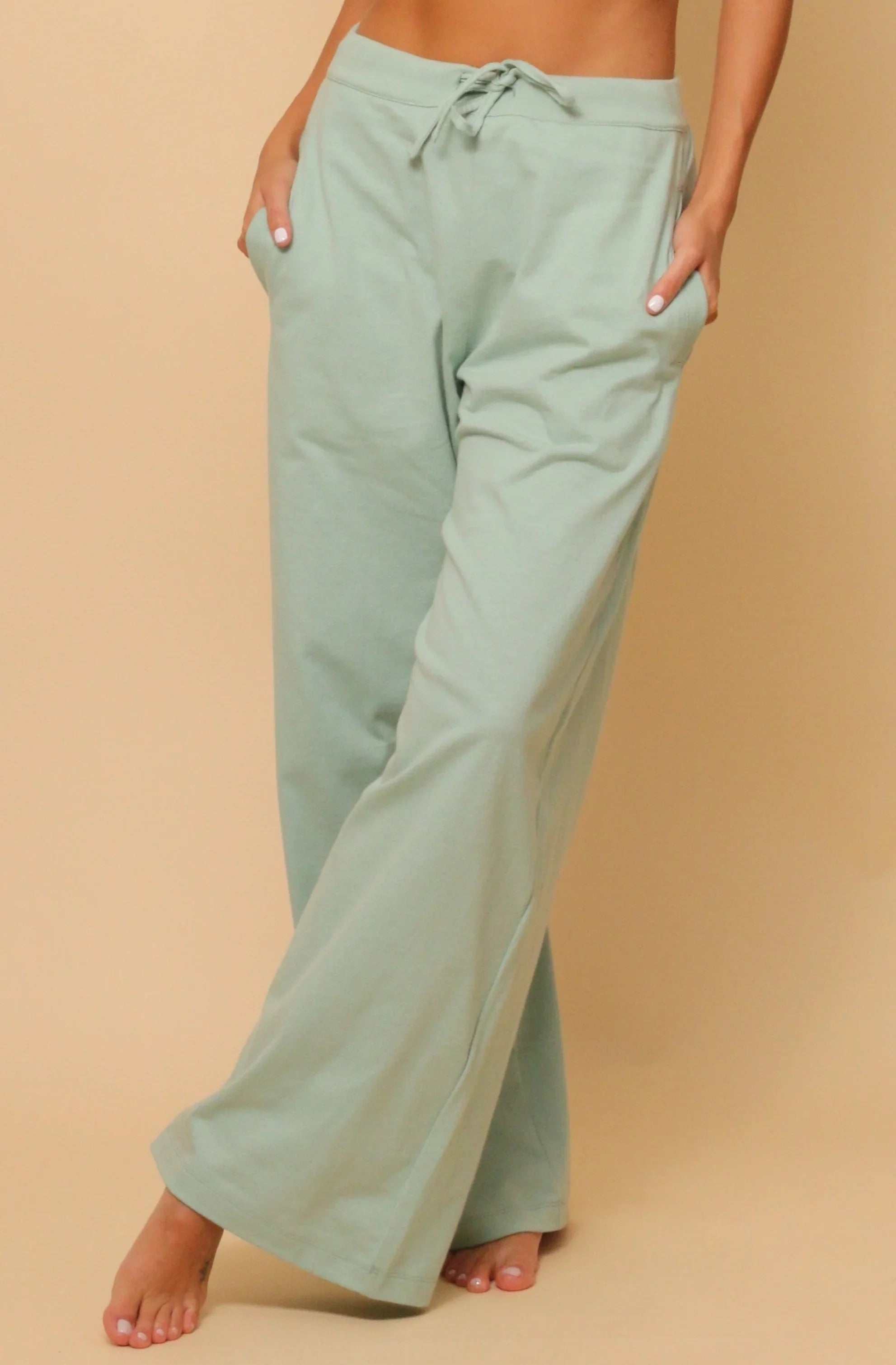 Light green hypoallergenic cotton lounge pants with drawstring waist by Cottonique