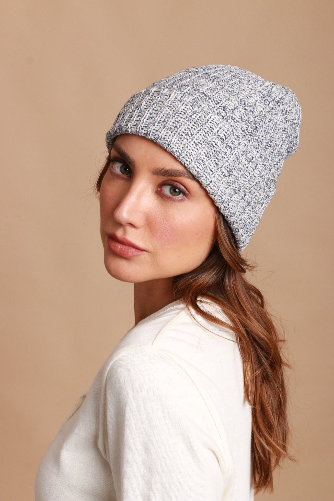 100% Organic Cotton Knitted Beanie (Melange Blue)