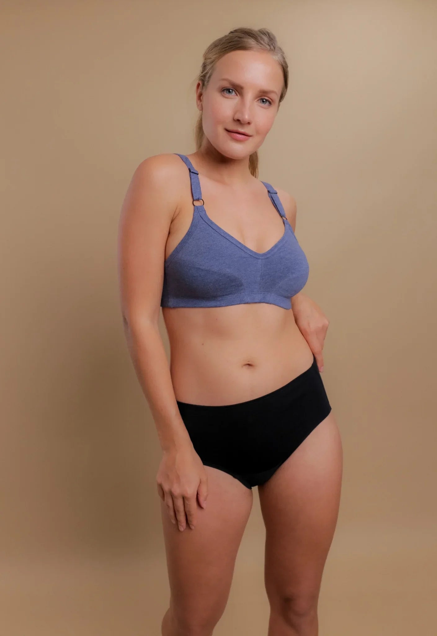 Woman wearing hypoallergenic cotton bra and underwear, Cottonique allergy-free apparel