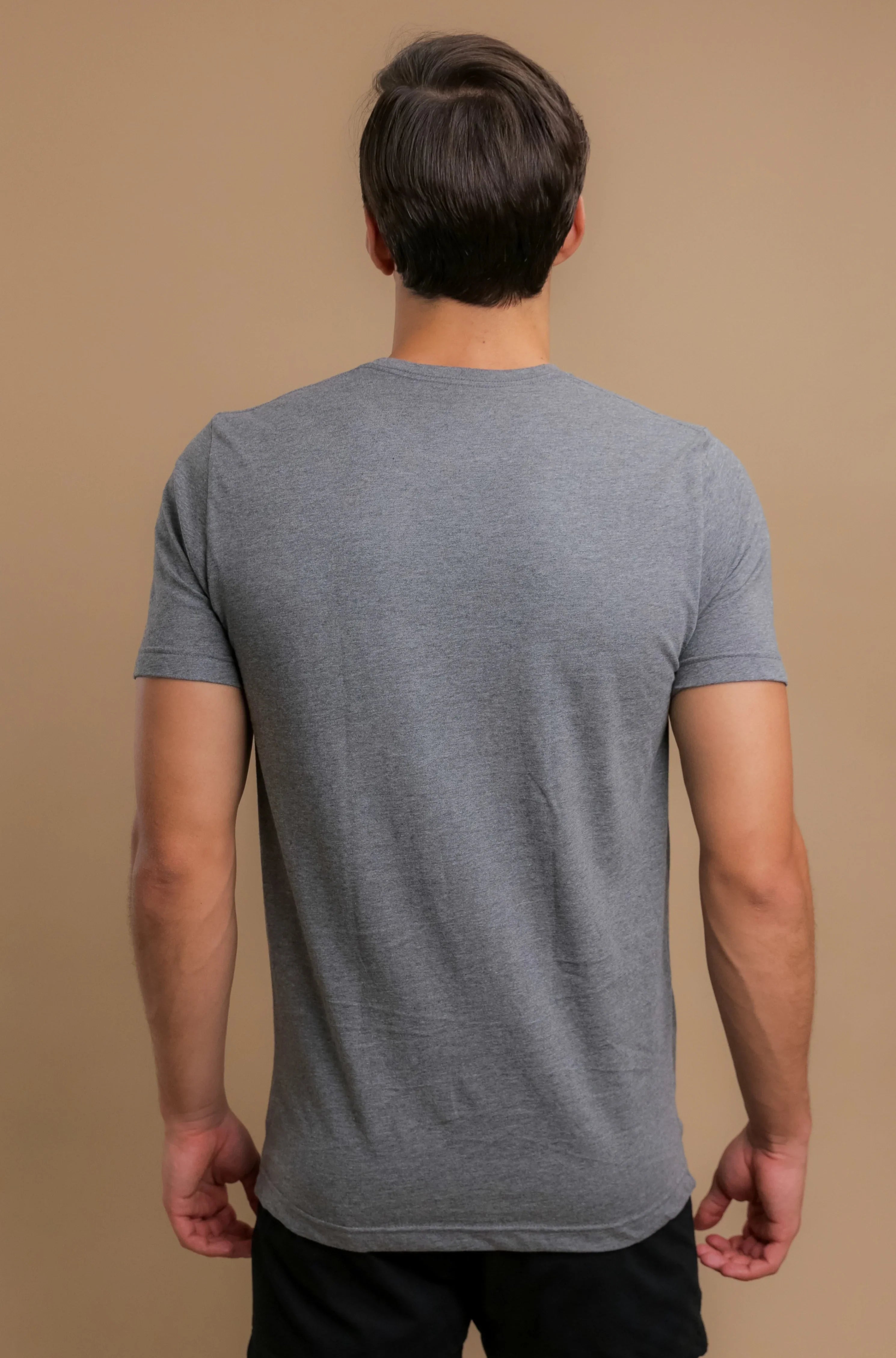 Back view of man wearing a gray hypoallergenic Cottonique T-shirt against beige background