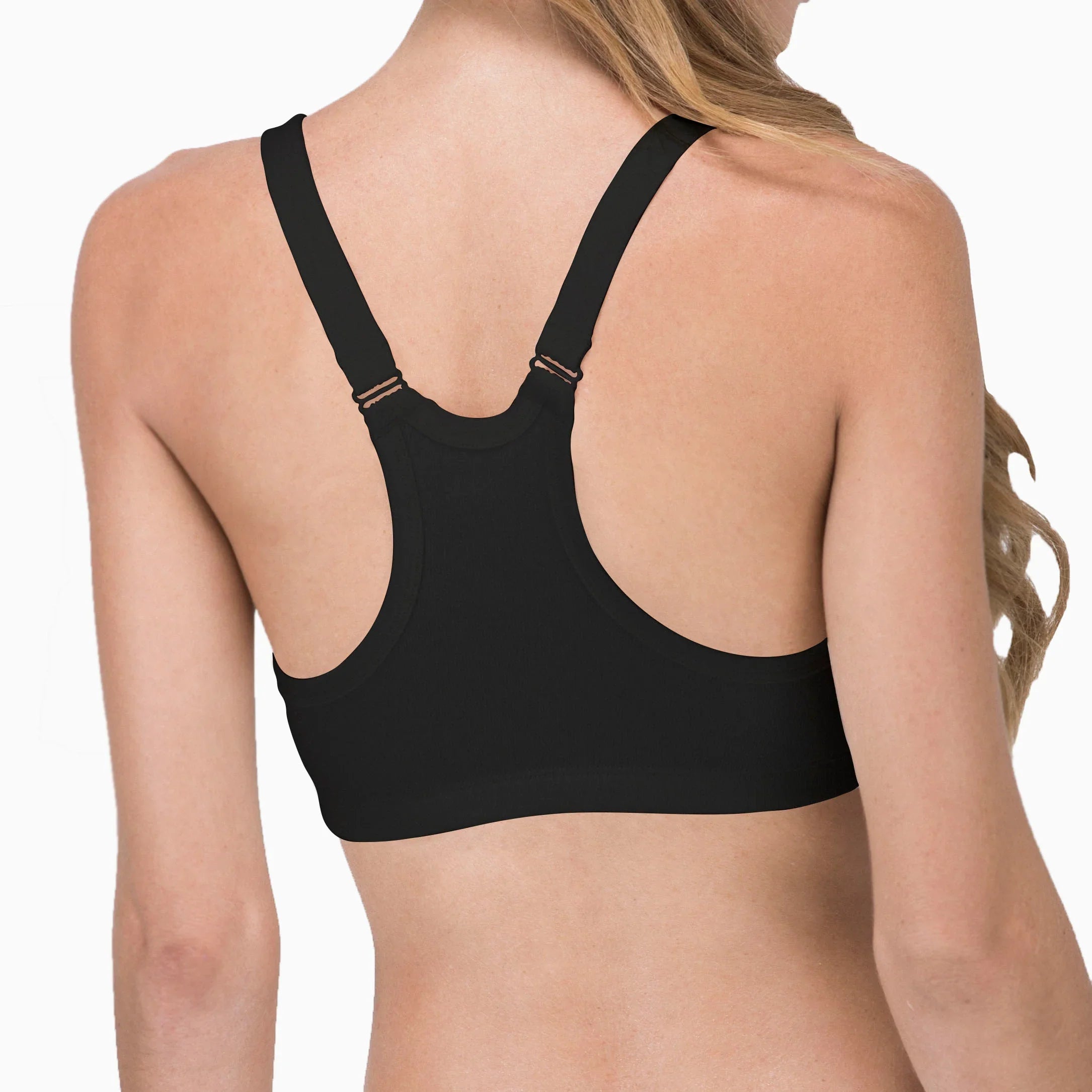 Back view of woman wearing black Cottonique hypoallergenic racerback bra