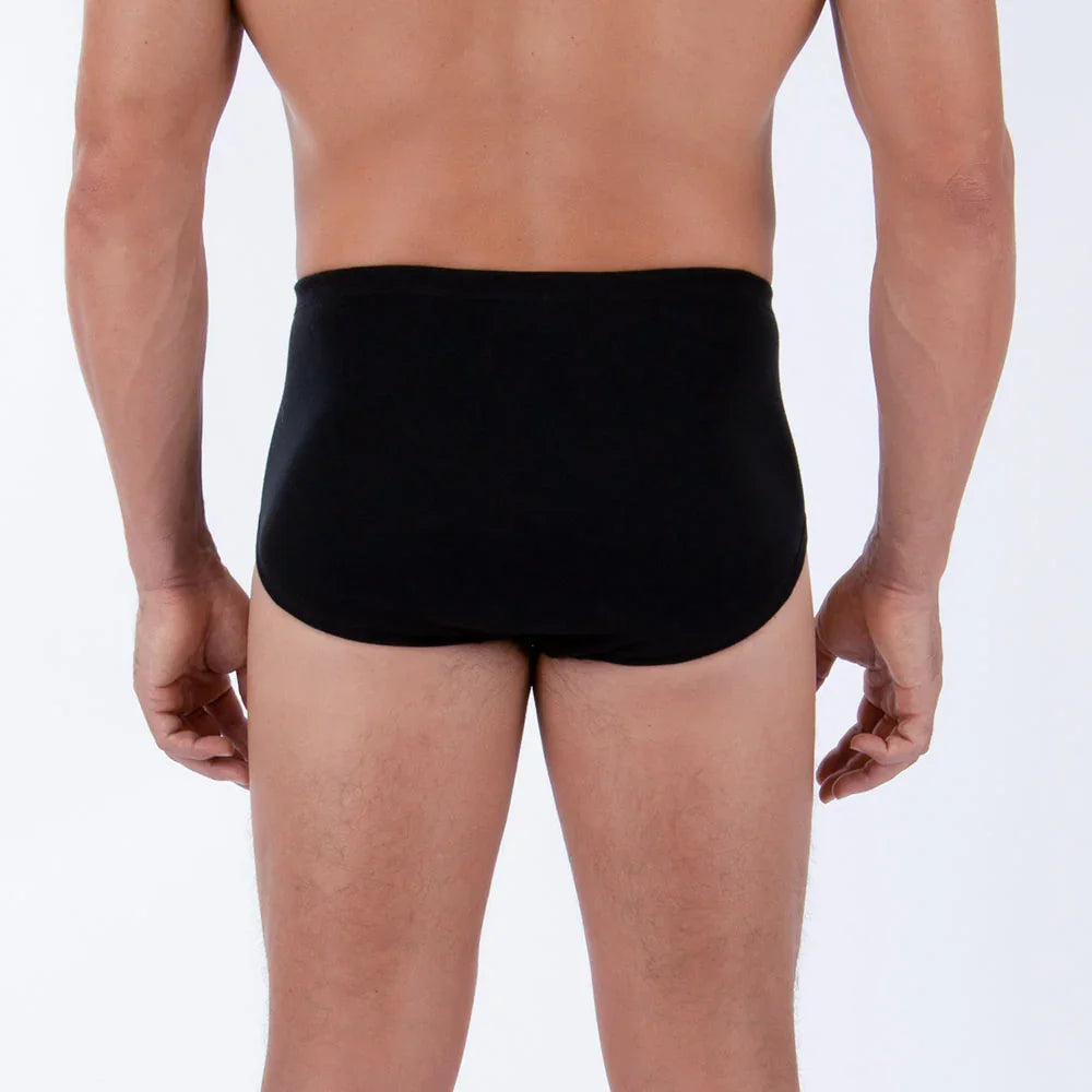 Back view of man wearing black Cottonique hypoallergenic underwear, allergy-free apparel